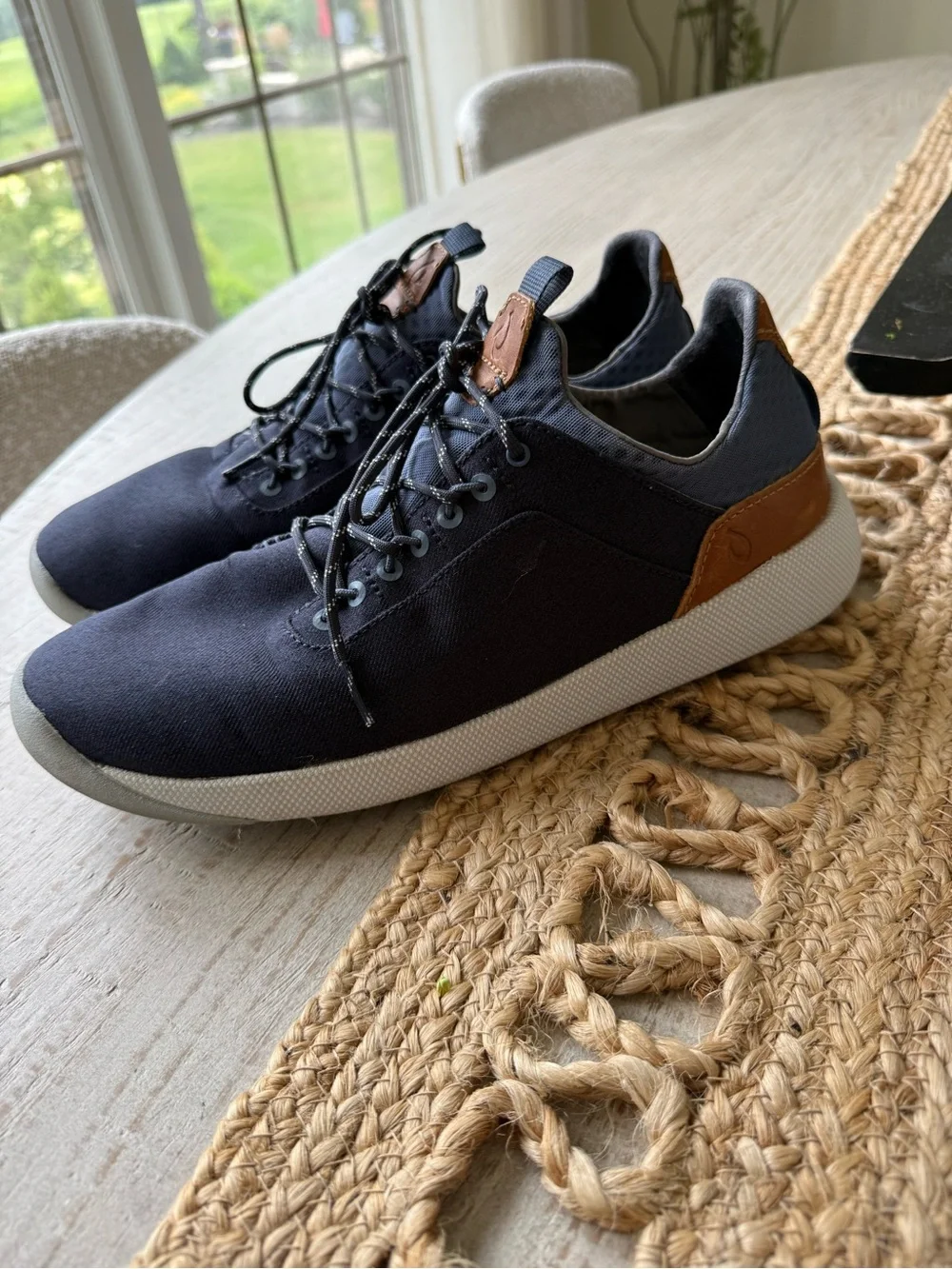 OluKai Navy Canvas Lace-Up Sneakers with Brown Leather Accents like new!